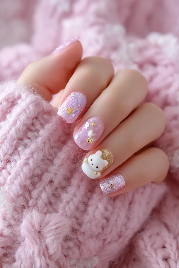 A close-up showcases delicately designed nails adorned with pastel pink glitter and charming 3D bear accents.  Gold star and other decorative elements add to the whimsical, feminine aesthetic. The nails are artfully displayed against a soft, pink knitted fabric backdrop, enhancing the overall delicate and charming feel.