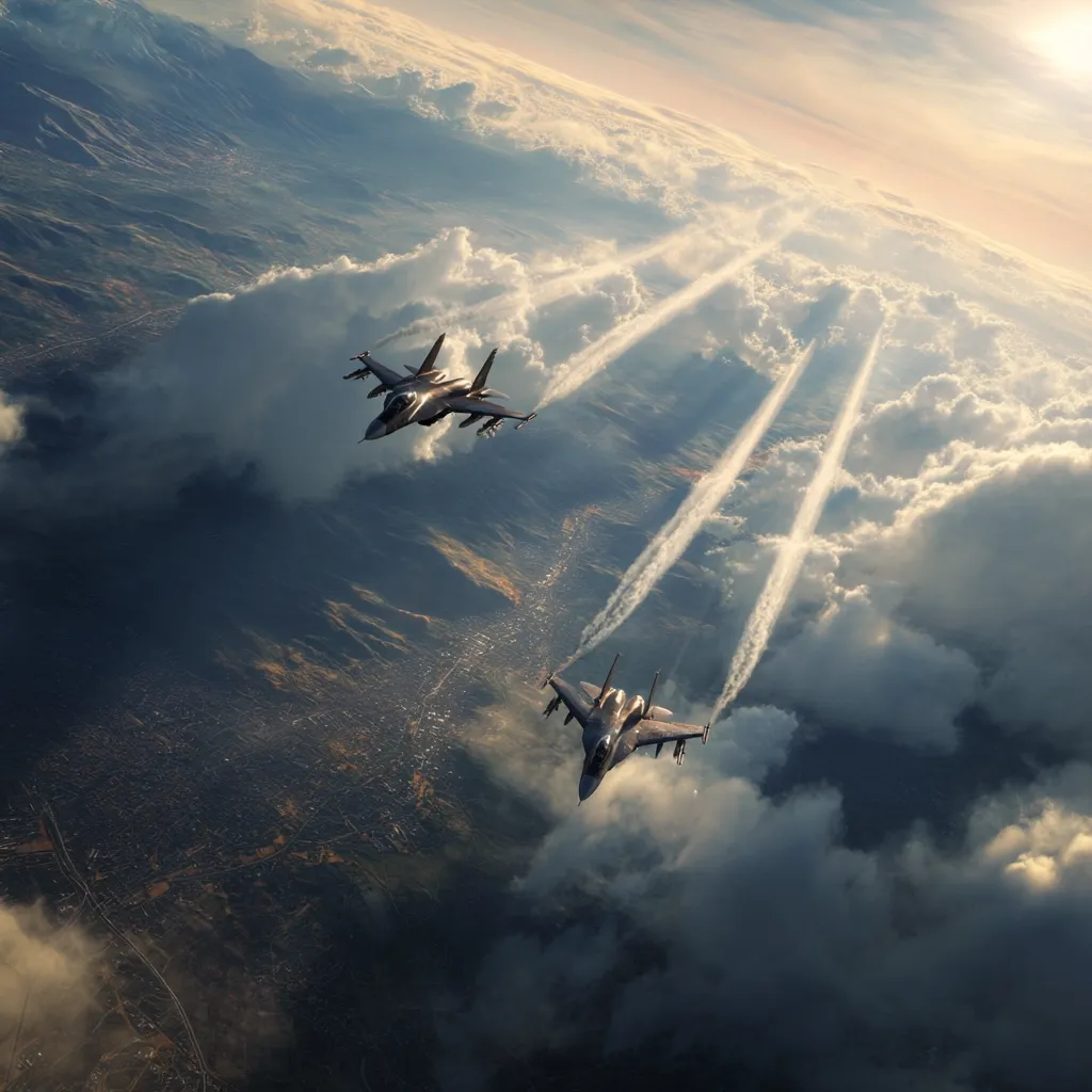Two fighter jets fly in formation high above a sprawling landscape, leaving contrails that streak across a partly cloudy sky.  Sunlight illuminates the scene from above, casting dramatic shadows on the clouds and the terrain below.  The jets appear to be modern military aircraft, showcasing their speed and power against the vastness of the sky. The overall image is one of power, speed, and aerial dominance.