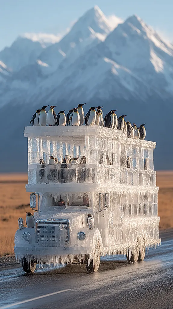 A vintage truck, completely encased in ice, drives across a desolate landscape.  Numerous penguins are perched on the ice-covered roof and inside the icy structure, creating a surreal and whimsical scene.  A majestic snow-capped mountain range forms a stunning backdrop.  The image contrasts the cold, icy environment with the surprising presence of the penguins, creating a memorable visual.