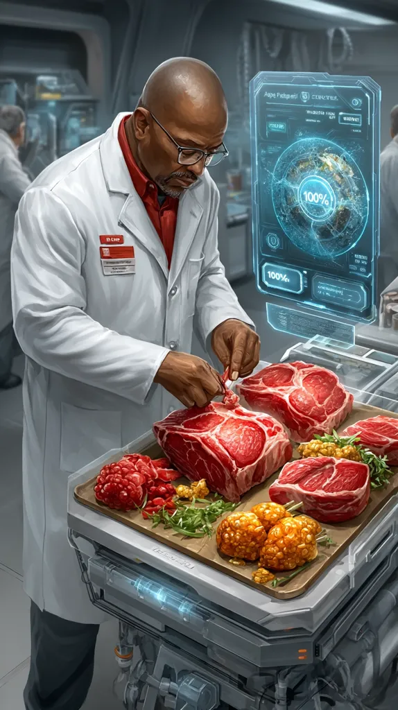 A scientist in a white lab coat meticulously prepares raw meat cuts on a futuristic, metallic cart.  A holographic display shows a progress meter reading "100%," suggesting a technologically advanced process.  Surrounding the meat are various other food items, including what appears to be corn and a type of berry. The setting is a sterile, high-tech laboratory.