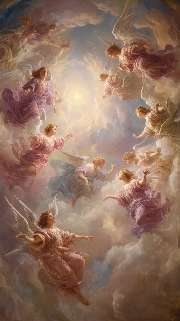 A celestial scene depicts numerous angels ascending through soft, pastel clouds.  Draped in flowing robes of pink and mauve, their wings are large and ethereal.  The angels appear serene and peaceful, their gazes directed upwards towards a radiant light source. The overall atmosphere is one of ethereal beauty and divine grace.