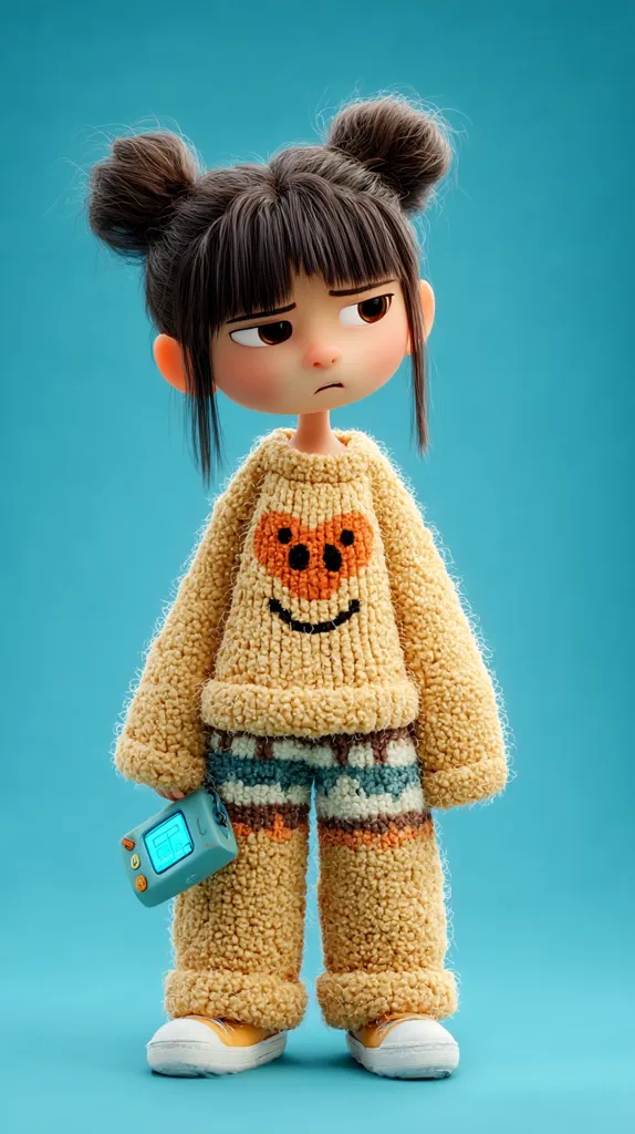A 3D-rendered illustration of a young girl with dark hair styled in two buns. She wears an oversized, fluffy, light-brown sweater with a smiling heart design and matching pants with patterned cuffs.  She holds a small, teal handheld device, and her expression is one of slight dissatisfaction. The backdrop is a solid teal.