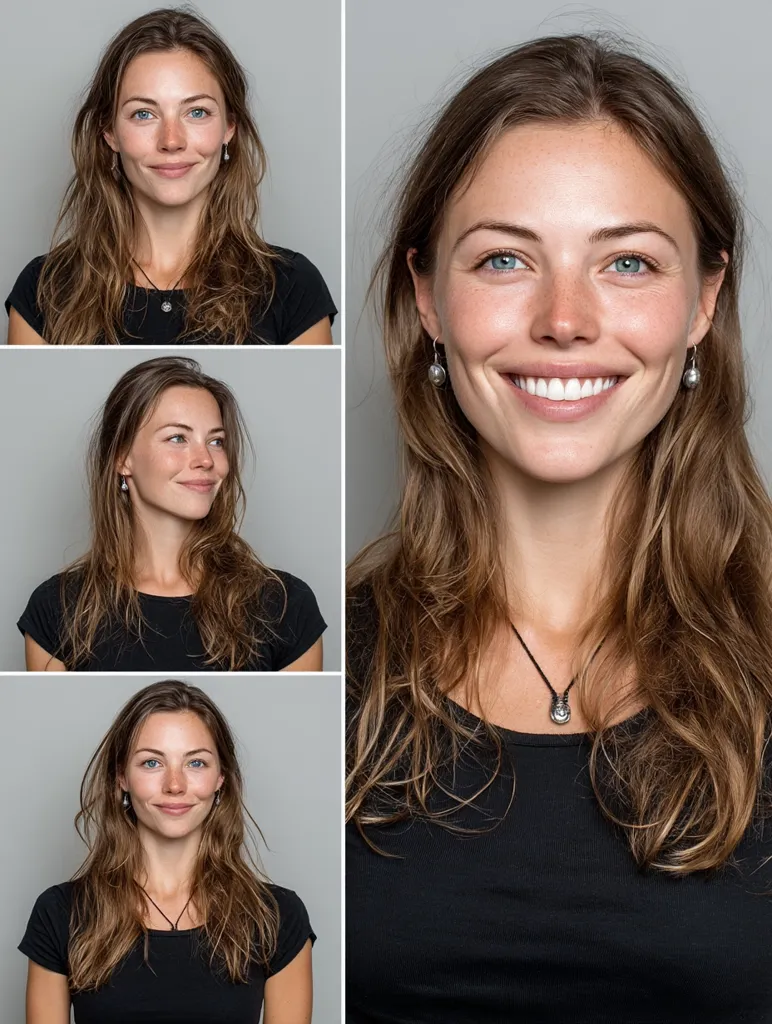 A collage showcases a young woman with long brown hair, wearing a simple black t-shirt.  Multiple shots display her from different angles and expressions, highlighting her natural beauty. She wears subtle silver earrings and a delicate necklace. The consistent background emphasizes the focus on her features and demeanor.
