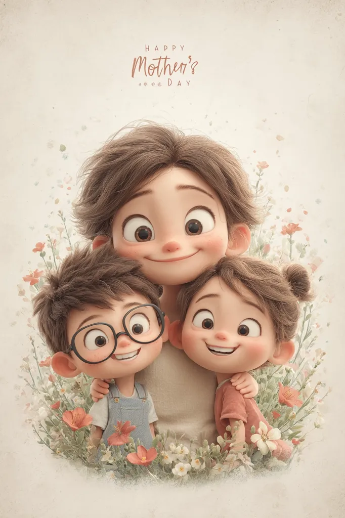 A heartwarming Mother's Day illustration features a cartoon mother with her two children.  The mother, with brown hair, smiles warmly as she embraces her son and daughter.  The children, one wearing glasses, also smile brightly.  They are surrounded by delicate flowers, creating a soft and loving atmosphere.  The text "Happy Mother's Day" is prominently displayed above.