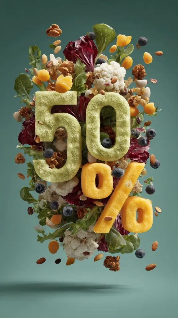 A vibrant image showcasing the number "50%" formed from textured, food-like material.  The numerals are surrounded by a dynamic burst of fresh salad ingredients—lettuce, cauliflower, blueberries, nuts, and dried fruits—appearing to float in mid-air.  The scene is set against a muted teal backdrop, creating a visually striking advertisement suggesting a 50% discount or promotion related to healthy food.