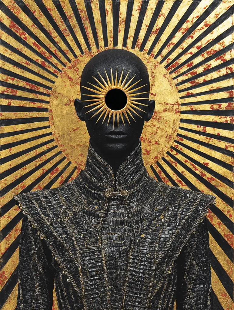 A striking portrait features a bald, dark-skinned figure adorned in a textured, dark garment with gold accents.  A golden sunburst obscures the figure's face, creating a powerful and symbolic image.  The background is a radiating pattern of gold and red-brown stripes, enhancing the overall regal and mysterious atmosphere.  The artwork's textures and color palette contribute to its intense visual impact.