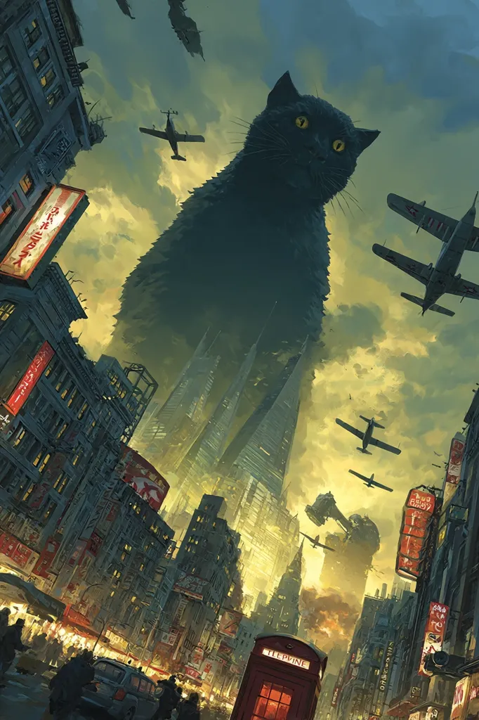 A colossal black cat looms over a futuristic cityscape, dwarfing skyscrapers and airplanes.  The city, a blend of old and new architecture with Asian-inspired signage, stretches toward the gigantic feline.  Planes fly in the hazy, yellow sky, creating a dramatic and surreal scene. The overall mood is one of awe and perhaps impending threat, as the cat's size dominates the composition.