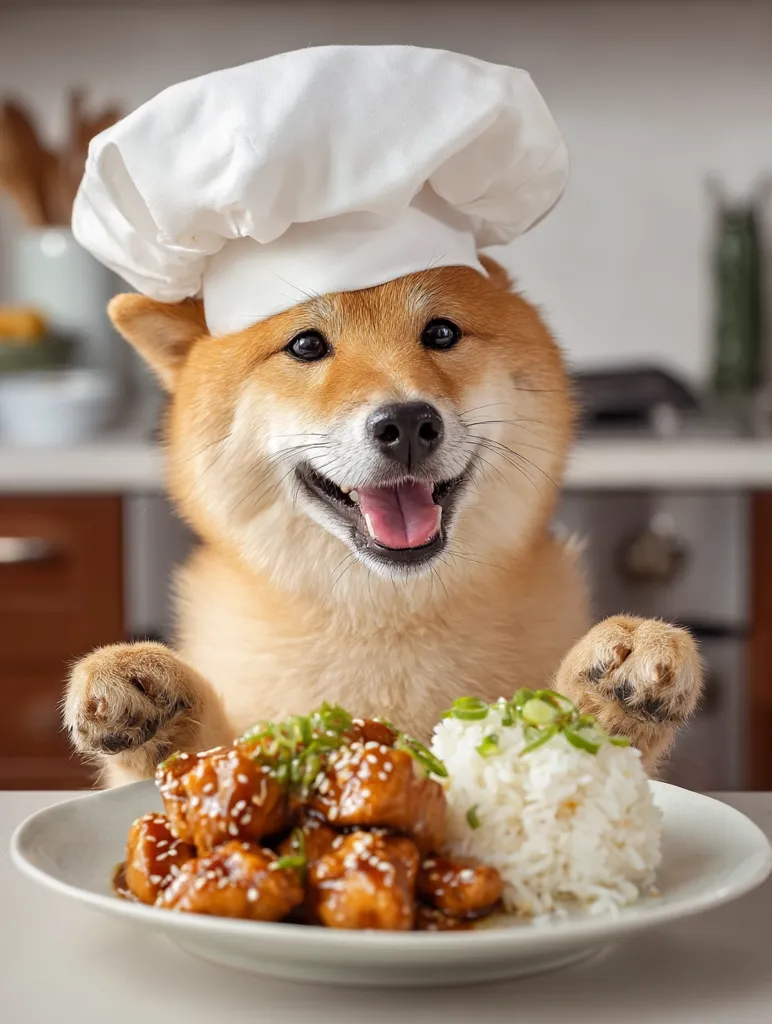 An adorable Shiba Inu dog, wearing a chef's hat, proudly presents a plate of teriyaki chicken and rice.  The dog's paws are gently placed on the table beside the dish, conveying a sense of culinary accomplishment. Its happy expression suggests satisfaction with its delicious creation. The scene is set in a bright, clean kitchen.