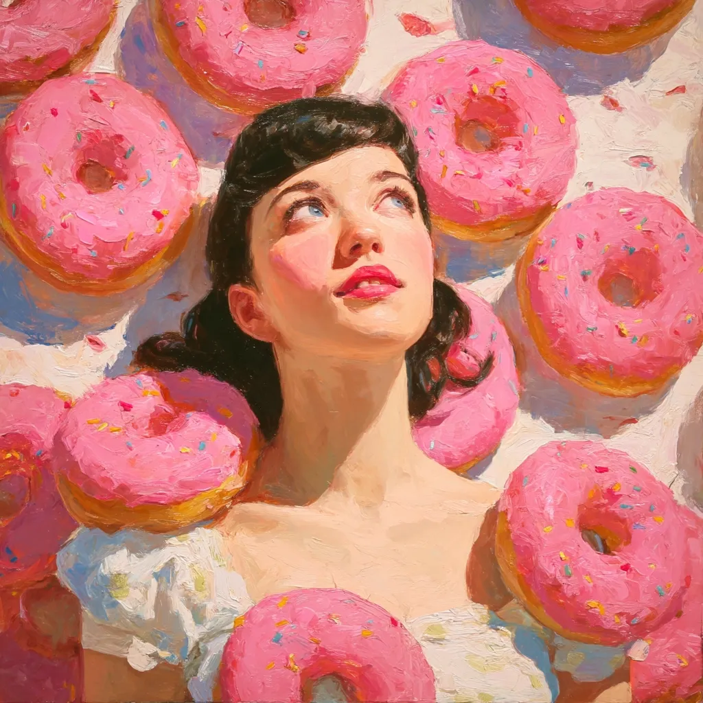 A young woman with dark hair styled in a retro fashion reclines amidst a profusion of pink, sprinkle-covered donuts.  Her gaze is directed upwards, her expression serene.  The painting is rendered in a vibrant, impasto style, emphasizing the texture of both the woman's skin and the sugary glaze of the donuts. Sunlight illuminates the scene, creating a warm, inviting atmosphere.