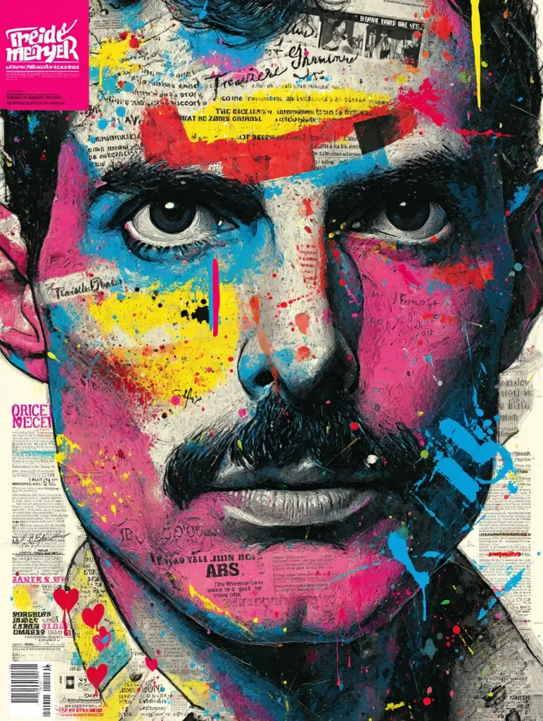 A vibrant, abstract portrait explodes with color and texture.  The face, possibly male, is rendered in a style reminiscent of pop art, layered with newspaper clippings and paint splatters.  Bold hues of pink, blue, yellow, and black create a dynamic composition. The artist's signature, "Freide Meyer," is visible in the top left corner. The overall effect is energetic and expressive.