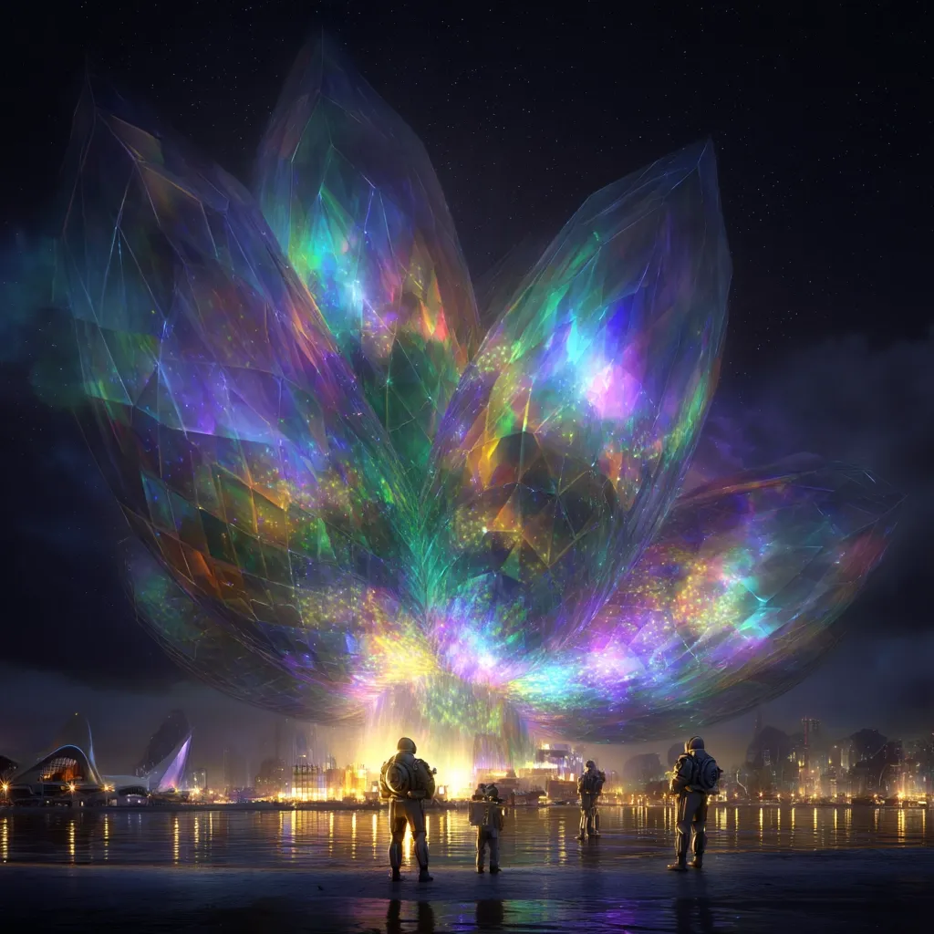 A colossal, iridescent crystal structure, resembling a multifaceted flower, hovers over a futuristic cityscape at night.  Soldiers in tactical gear observe the mesmerizing spectacle from the waterfront. The crystal emits vibrant, multicolored light, casting an ethereal glow on the city and its reflection in the calm water.  The scene is both awe-inspiring and slightly ominous.