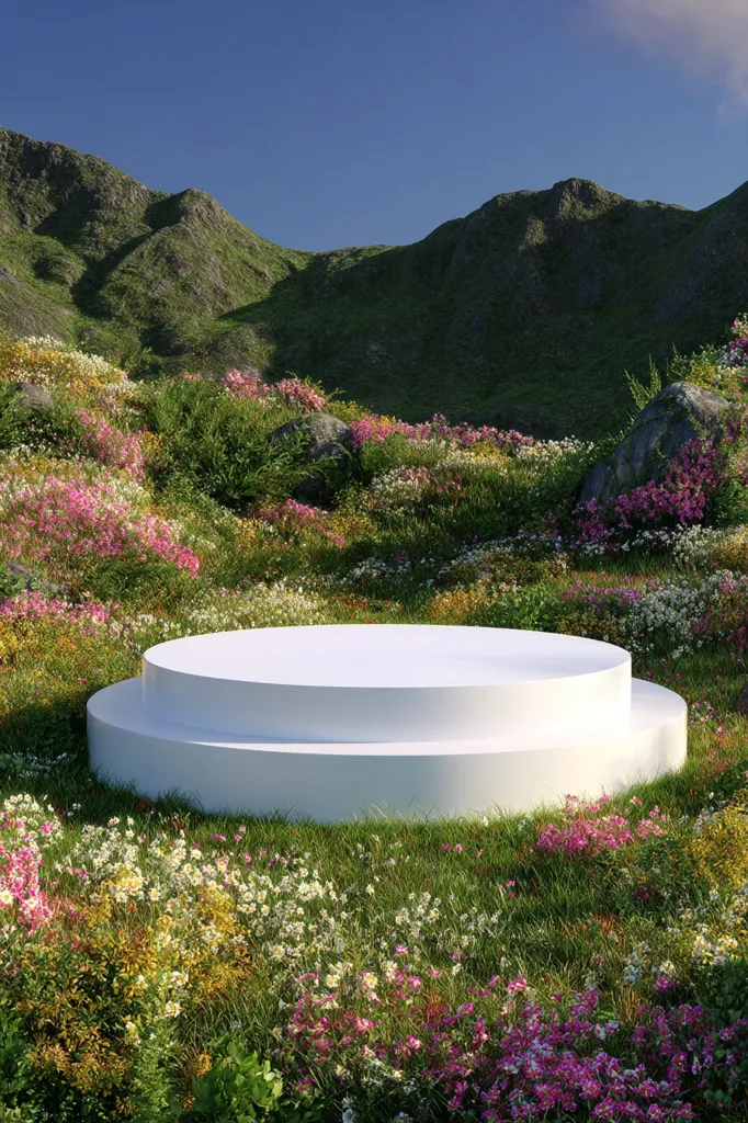A pristine white, two-tiered platform sits nestled in a vibrant meadow.  Surrounding the platform is a profusion of wildflowers in various colors, blooming amidst lush green grass.  The backdrop features rolling green hills under a clear blue sky, creating a serene and idyllic landscape.  The scene is peaceful and suggests a natural, untouched environment.