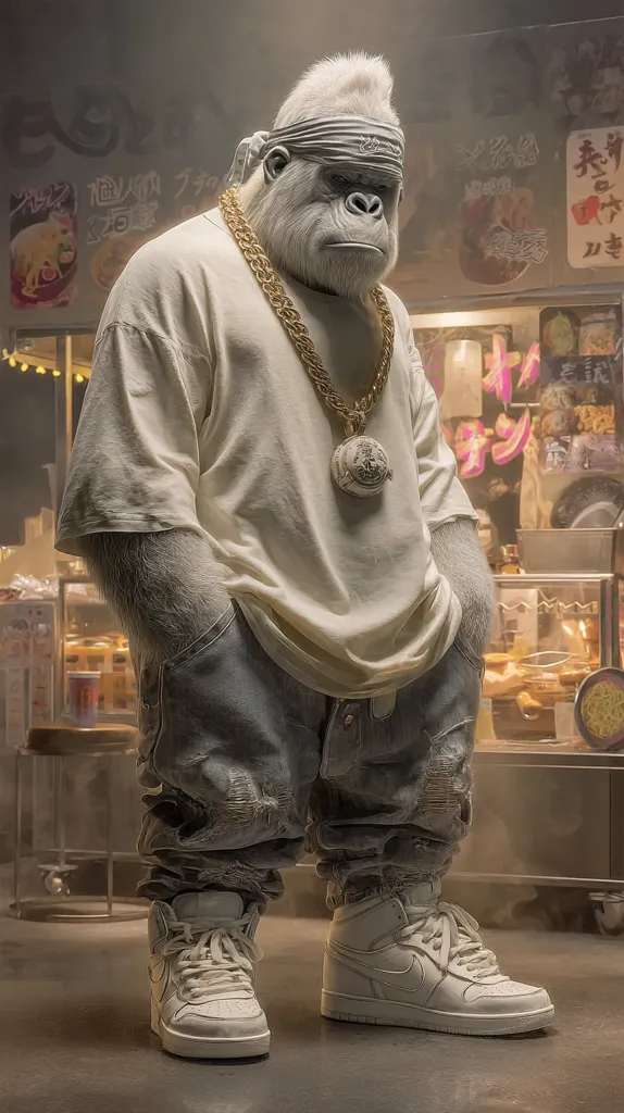 A majestic, white gorilla dons a stylish outfit: a cream-colored t-shirt, distressed denim jeans, and crisp white high-top sneakers.  A gold chain with a large pendant adorns his neck, completing the hip-hop inspired look. He stands casually with hands in pockets, in front of a bustling Asian street food market, creating a striking contrast between the creature and its surroundings.