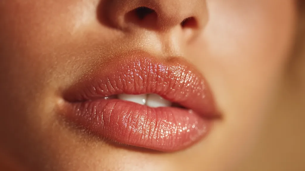 A close-up shot of a woman's lips, showcasing a glossy, peachy-pink lipstick.  The skin appears smooth and sun-kissed, with a natural glow. The focus is sharply on the lips, highlighting their texture and the subtle shimmer of the lip product. The overall impression is one of beauty and natural radiance.
