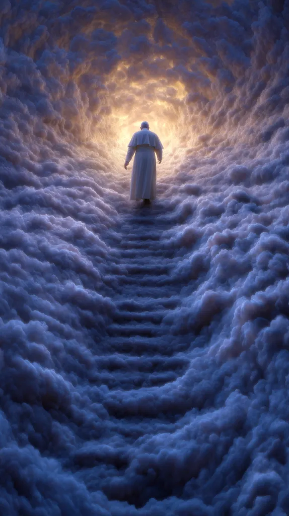 A figure, possibly a priest, in white robes ascends a stairway seemingly crafted from clouds.  The stairway leads towards a radiant, ethereal light at the tunnel's end, set within a swirling, textured expanse of clouds. The overall mood is serene, spiritual, and suggestive of an ascension or journey to a heavenly realm. The color palette is muted, with blues and purples dominating the cloudy landscape.