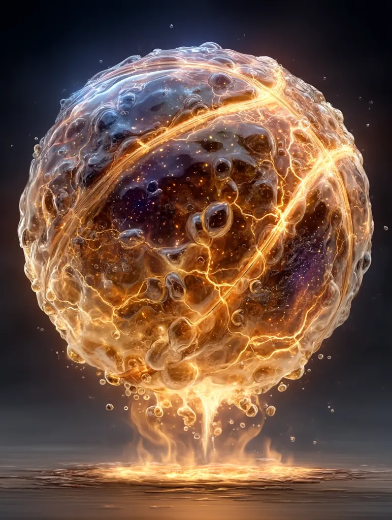 A digital rendering depicts a basketball engulfed in fiery, liquid energy.  The ball's surface is textured with glowing bubbles and streaks of light, resembling molten gold.  Electric currents seem to course through its form.  A fiery column connects the ball to a reflective surface below, creating a dramatic, almost otherworldly scene.  The overall effect is one of intense energy and power.