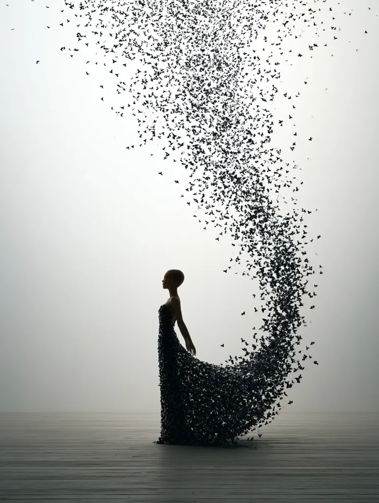 A bald woman in a long, dark dress stands on a wooden floor.  Her gown is composed of countless small, dark shapes, resembling butterflies or moths, which trail behind her like a flowing, ethereal tail.  The overall effect is one of elegant, somber beauty and transformation, suggesting metamorphosis or the fleeting nature of time.  The background is a simple, light gray.