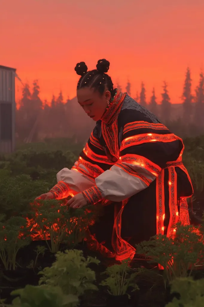 A young woman with unique braided buns tends to a garden at sunset. She wears a dark, traditional-style garment adorned with vibrant orange LED lights outlining its intricate patterns.  The warm, dusky light bathes the scene in an ethereal glow, creating a striking contrast between the modern technology and the ancient clothing. The overall image evokes a sense of both tradition and innovation.