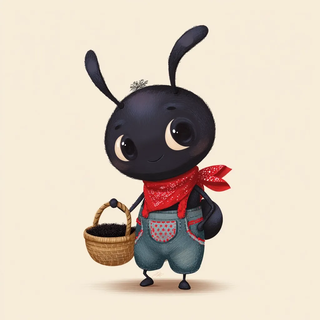 A cute, anthropomorphic black ant character is depicted. It has large, expressive eyes and wears denim overalls and a red bandana.  The ant is carrying a small wicker basket filled with what appears to be berries. The overall style is whimsical and childlike, with soft textures and a gentle color palette.