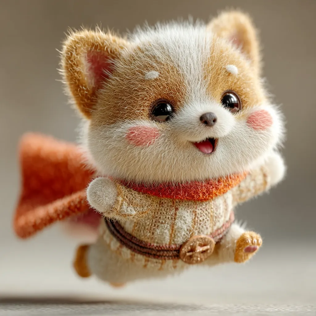 A digitally created, adorable, fluffy creature resembling a corgi puppy, is depicted mid-flight.  It wears a beige knitted sweater, an orange scarf, and a burnt orange cape.  Its large, expressive eyes and rosy cheeks add to its endearing charm.  The overall style is cute and whimsical.