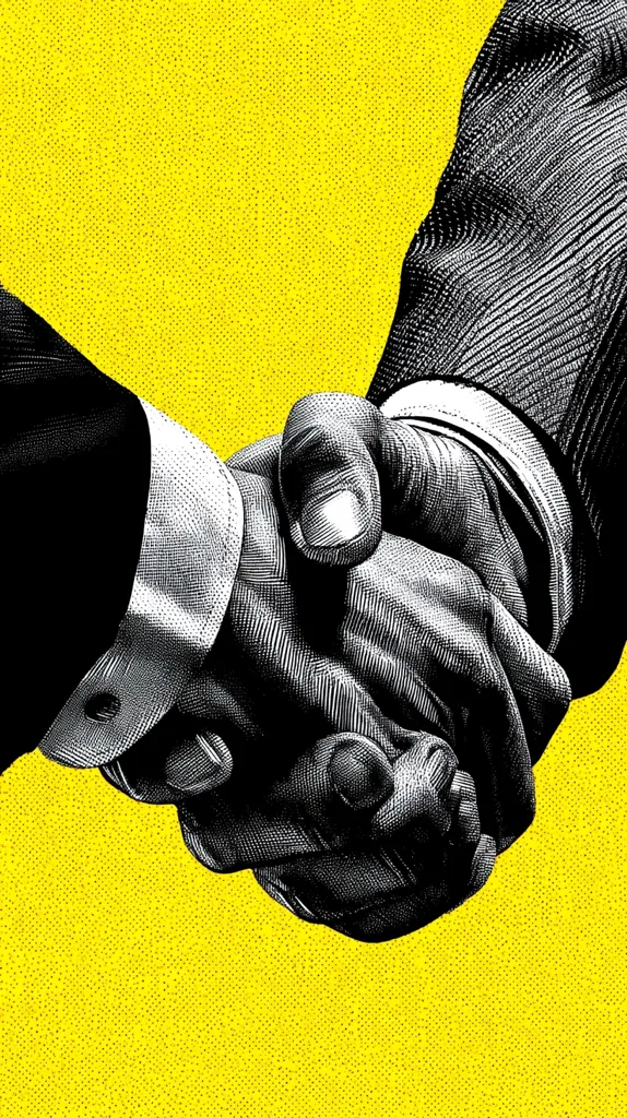 A close-up, black and white illustration showcases two men shaking hands against a vibrant yellow background.  The detailed etching style emphasizes the texture of their suits and the firmness of their grip. The image powerfully conveys a sense of agreement, partnership, or deal-making.  The contrast between the stark black and white and the bright yellow is visually striking.