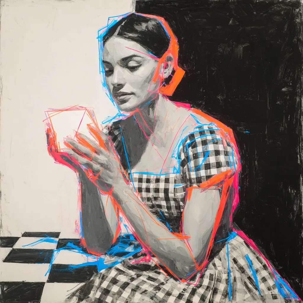 A stylized portrait of a woman in a black and white gingham dress, seated on a checkered floor.  She holds a small, rectangular object, possibly a card or photograph, and gazes downward. The painting utilizes a grayscale base with bright neon pink and blue linework outlining the figure and suggesting movement. The background is a stark contrast of white and black.