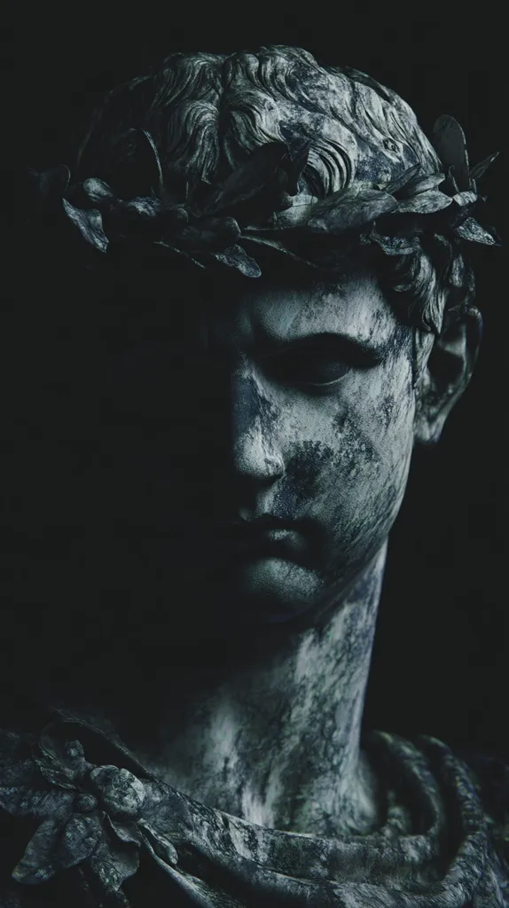 A close-up shot of a weathered stone bust, possibly Roman, depicts a young man crowned with a laurel wreath.  The dark, moody lighting accentuates the texture of the aged stone and the melancholic expression on the face. Half of the bust is shrouded in shadow, creating a dramatic contrast.  The detail in the hair and the wreath is striking against the somber background.