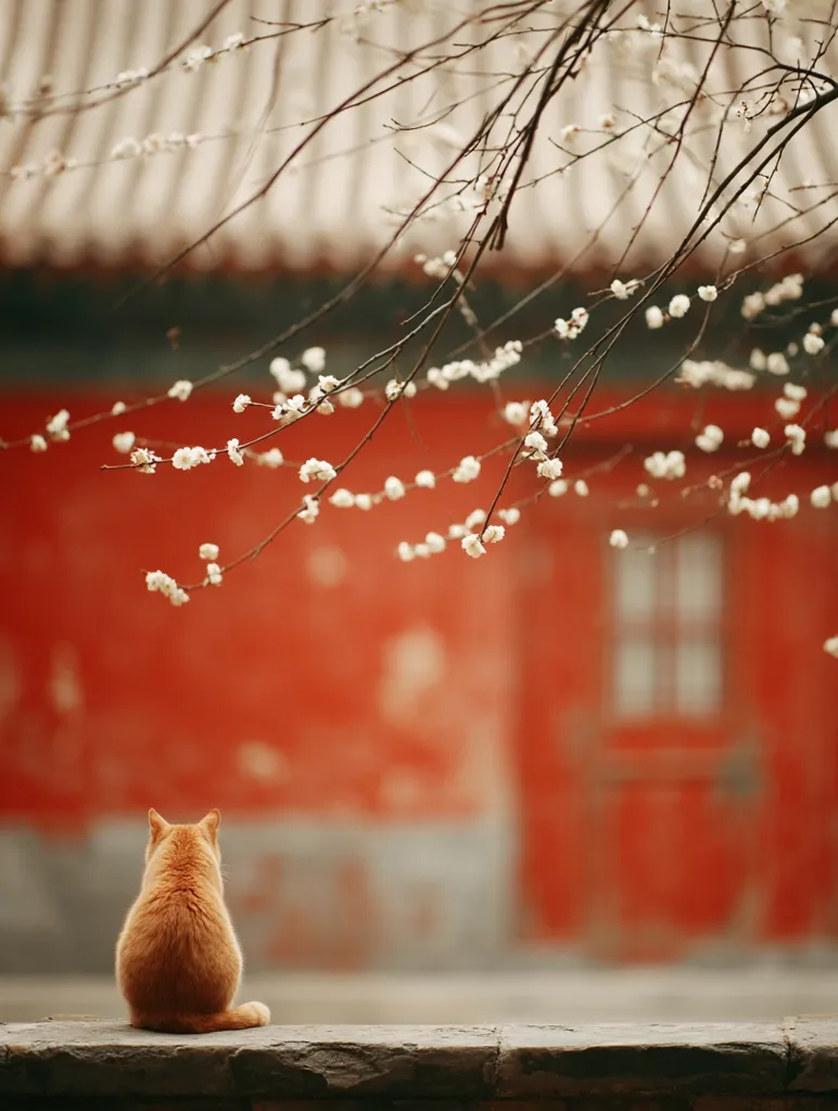 A ginger cat sits with its back to the viewer, perched on a low wall.  Behind it, a vibrant red building is partially obscured by delicate, blossoming branches laden with white flowers.  The scene evokes a serene, contemplative mood, a blend of nature and urban architecture. The focus is softly blurred, drawing the eye to the cat's quiet stillness.