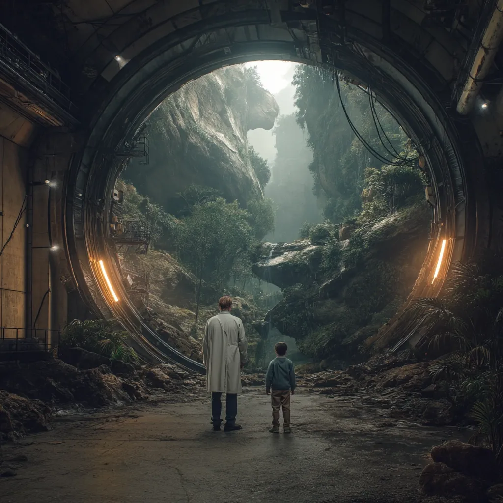 A man and a child stand before a massive, circular portal.  The portal reveals a lush, overgrown alien landscape nestled within a rocky chasm, bathed in an ethereal light. The scene is a blend of futuristic technology and untamed nature, suggesting a hidden world or a gateway to another dimension.  The overall mood is one of awe and mystery.