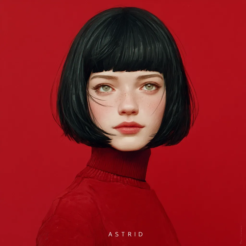 A stylized portrait of a young woman with a blunt black bob and bangs.  She has pale skin, freckles, and striking green eyes.  She's wearing a high-necked, crimson turtleneck sweater against a matching red background.  The image is digitally rendered, with a smooth, almost ethereal quality.  The name "Astrid" is subtly displayed at the bottom.