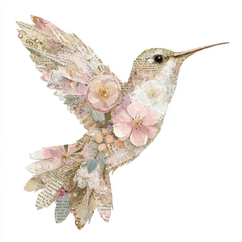 A hummingbird in flight, crafted from delicate paper ephemera.  Pale pink flowers and lace adorn its body, interspersed with fragments of antique text and music. The overall aesthetic is romantic and vintage, creating a whimsical and charming image. The hummingbird's wings are spread wide, suggesting movement and grace.