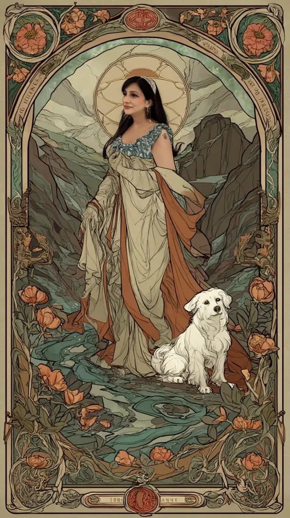 An Art Nouveau-style portrait depicts a woman in a flowing gown, reminiscent of Alphonse Mucha's work.  She stands gracefully beside a small white dog near a stylized stream. The ornate frame features floral motifs and Art Nouveau flourishes. The overall palette is muted earth tones, enhancing the elegant and serene mood. The woman's serene expression adds to the artwork's peaceful atmosphere.