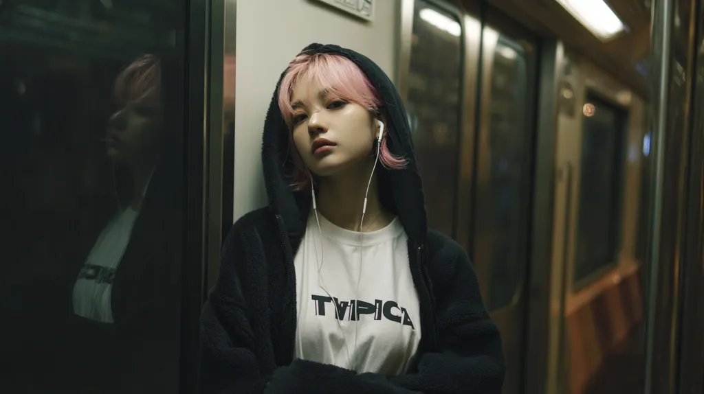 A young woman with short, pink hair stands in a subway car, leaning against the door. She wears a black hoodie and a white t-shirt with a graphic design.  Earbuds are in her ears, suggesting she's listening to music. The dimly lit subway car creates a moody atmosphere. Her expression is serious and contemplative.
