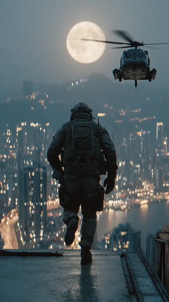 A lone soldier, clad in tactical gear, runs across a rooftop at night.  A large, bright moon hangs in the sky above a sprawling city illuminated by countless lights below. A helicopter circles overhead, adding to the dramatic and tense atmosphere. The scene evokes a sense of urgency and clandestine operation.