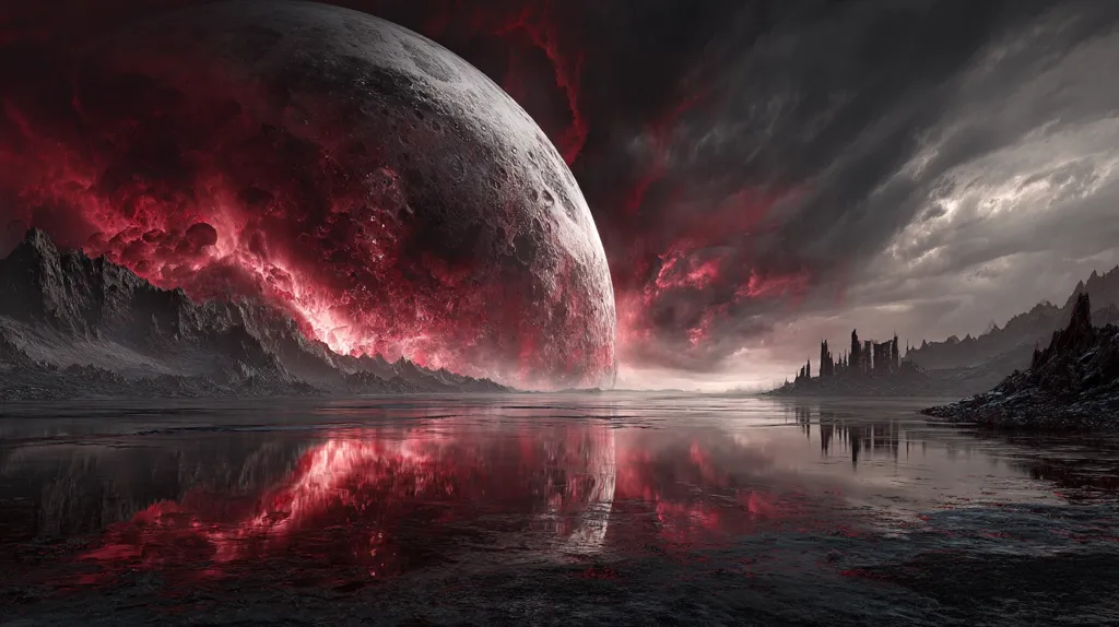 A digital painting depicts a dark, alien landscape. A massive, cratered moon dominates the left side, its surface glowing with intense red energy.  Dark, rocky mountains line a calm, reflective body of water.  Ruined structures are visible on the far shore, under a brooding, grey sky. The scene is dramatic, evocative of a desolate and possibly dying world.