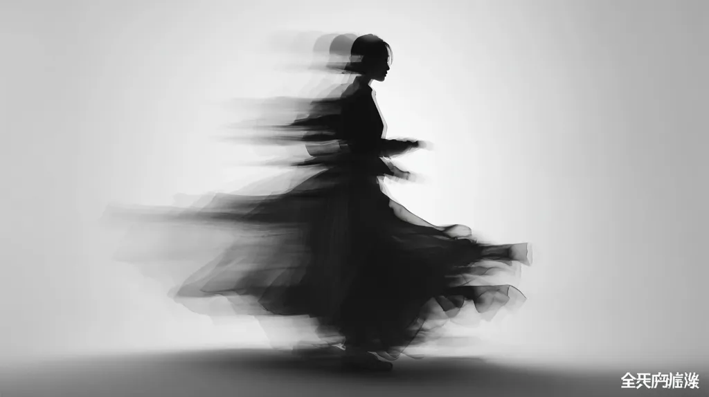 A monochromatic image captures a woman in a flowing dark gown, her form blurred by motion.  The dress billows dramatically around her as she appears to twirl or move swiftly.  The background is a stark, light gray, creating a strong contrast with the dark silhouette of the figure. The effect suggests a sense of speed, grace, and ethereal movement.