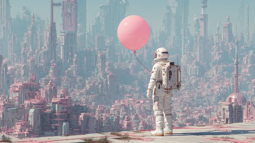 An astronaut in a white spacesuit stands on a rooftop overlooking a sprawling futuristic city. The city is composed of numerous pastel-pink buildings of varying heights and designs, creating a dense urban landscape.  A single, light pink balloon floats on a string held by the astronaut, contrasting the vast, somewhat desolate, city. The scene is peaceful yet evokes a sense of wonder and perhaps isolation.