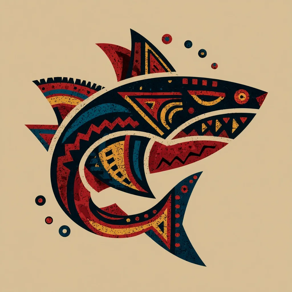 A stylized shark design is presented, rendered in a vibrant palette of red, blue, yellow, and black. The shark's form is composed of geometric shapes and patterns, evoking a tribal or folk art aesthetic.  A textured, slightly grainy effect adds depth to the piece, which is set against a muted beige background.  Small circles are subtly placed around the shark, adding to the overall artistic composition.