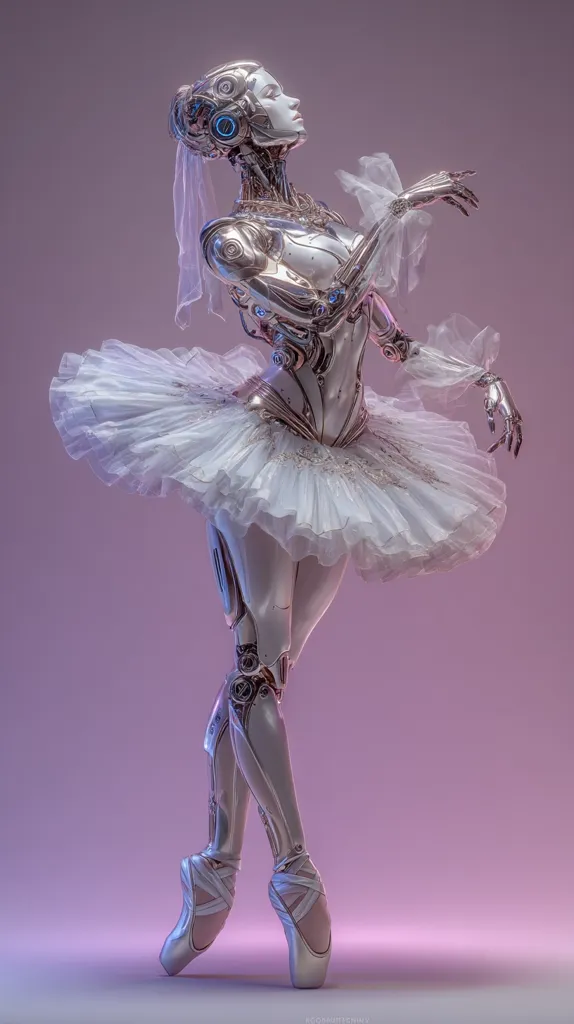 A robotic ballerina, crafted from polished metal and adorned in a delicate white tutu, is captured in a graceful pose.  Her mechanical limbs are elegantly positioned, suggesting a poised movement.  The soft lighting enhances the contrast between the cold metallic sheen of her body and the ethereal fabric of her costume. The image blends futuristic technology with classic artistry.