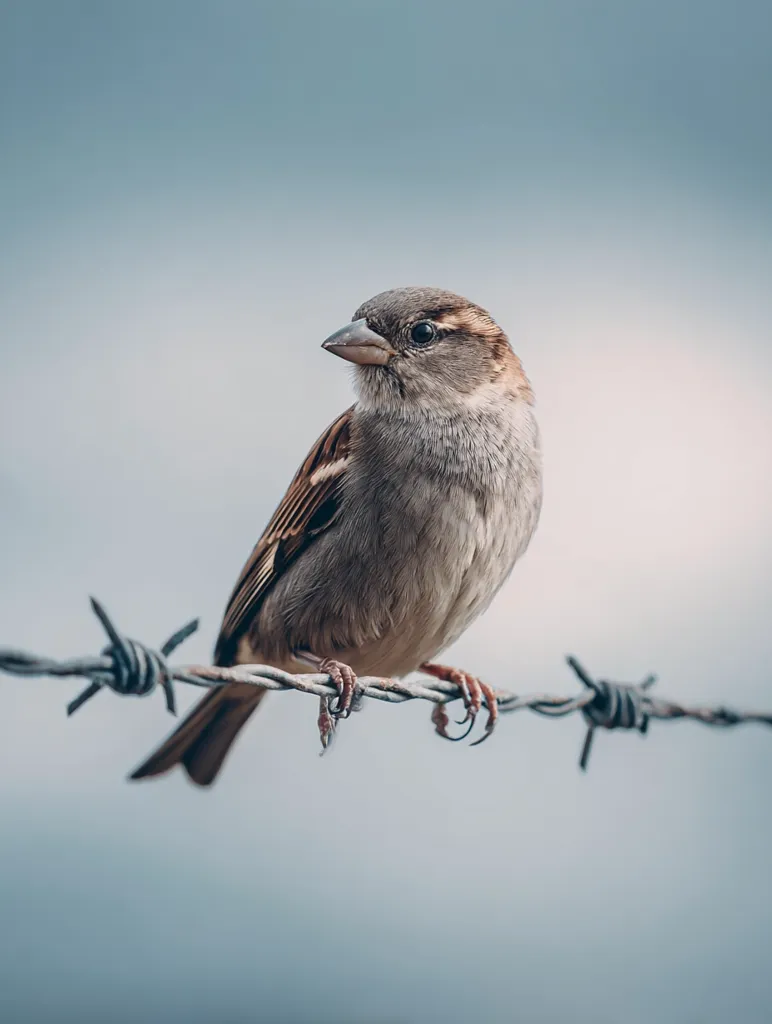 A small sparrow perches delicately on a barbed wire fence against a muted blue sky.  Its brown and grey feathers are visible, and its small claws grip the wire. The image evokes a sense of fragility and resilience, contrasting the bird's delicate nature with the harshness of the wire. The overall tone is serene and contemplative.