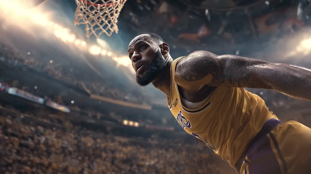 LeBron James, in a Lakers jersey, is depicted in a dramatic low-angle shot.  Sweat glistens on his muscular arms as he looks upward towards the hoop, which is partially visible above him. The background is blurred but shows a packed stadium under bright arena lights, emphasizing the intensity and scale of the game. The image conveys power, focus, and the thrill of professional basketball.