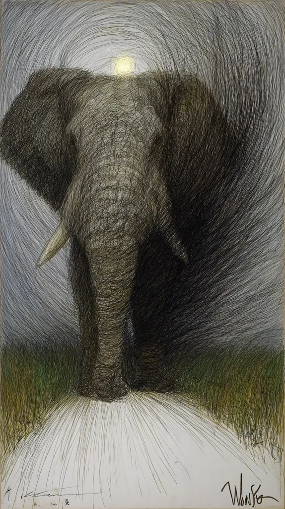 A detailed, textured drawing of an elephant dominates the artwork.  The elephant is rendered in numerous thin, dark lines creating a sense of movement and depth.  A small, pale sun is visible in the upper portion of the image, contrasting against a hazy sky.  The elephant appears to be walking towards the viewer, its shadow cast prominently to the right. The overall style is expressive and slightly surreal. The artist's signature is present in the bottom right corner.