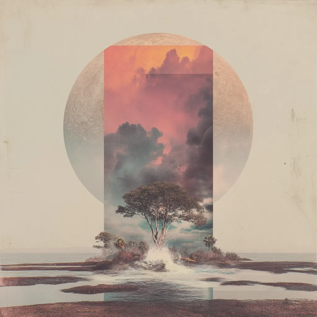 A surreal landscape features a lone tree on a small island, partially submerged by waves.  A large, textured orb, resembling a moon, dominates the background, partially obscured by a rectangular insert depicting a dramatic, pinkish-hued sky filled with clouds. The overall aesthetic is dreamlike and ethereal, with muted tones and a vintage texture.  The image evokes a sense of mystery and tranquility.