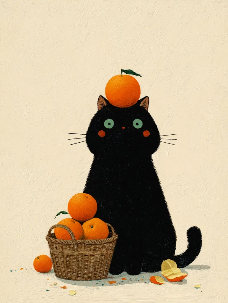 A charming illustration features a black cat with a single orange balanced on its head.  The cat sits serenely beside a woven basket overflowing with more oranges.  A few loose oranges and orange peels are scattered on the floor, adding to the whimsical, autumnal scene.  The painting style is simple yet expressive, with a muted color palette and slightly textured background.