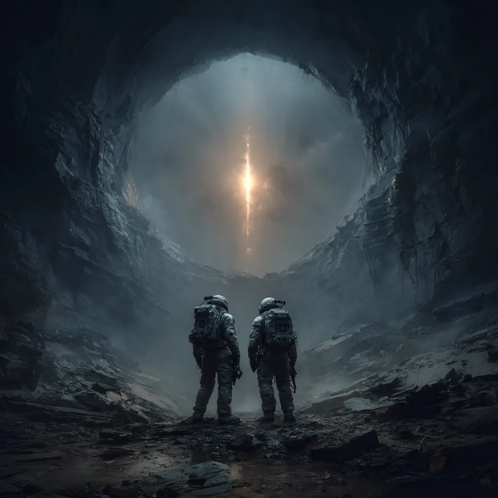 Two astronauts in spacesuits stand in awe before a colossal, glowing beam of light emanating from a large, dark cave opening. The cave is carved into a desolate, rocky landscape, shrouded in mist and an eerie, otherworldly atmosphere.  The scene evokes a sense of mystery and wonder, hinting at a significant discovery or celestial event.