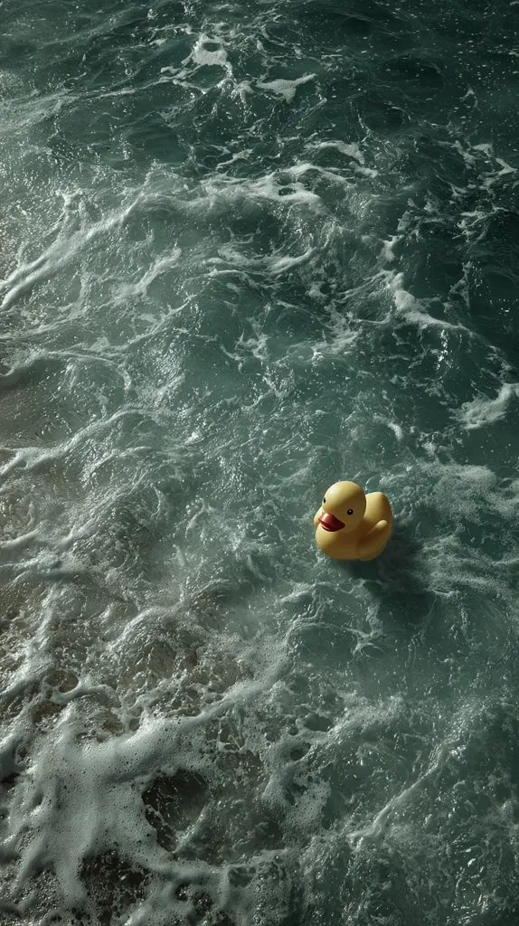 A lone yellow rubber duck floats amidst churning dark green ocean waves. White foam surrounds the duck, creating a stark contrast against the deep water.  The scene is calm yet slightly ominous, suggesting a sense of isolation or a journey at sea. The image's overall tone is moody and evocative.