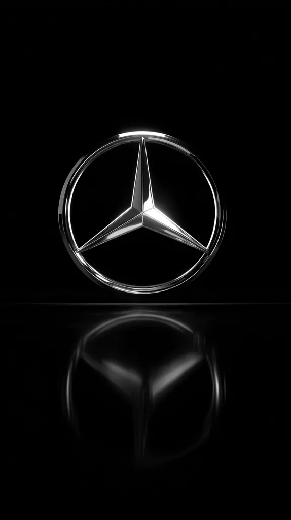 A close-up shot reveals the iconic Mercedes-Benz logo, a three-pointed star encased within a circular emblem.  The chrome finish gleams, reflecting light.  The logo is positioned against a stark black background, with its reflection mirroring perfectly below. The image is minimalist and emphasizes the brand's symbol.