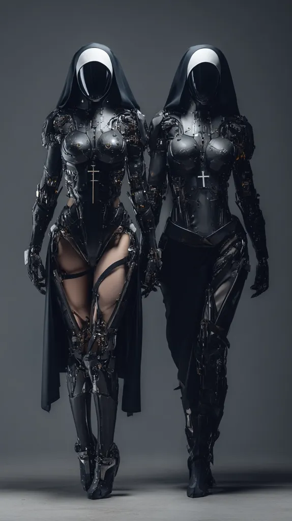 Two female robots, clad in black, robotic nun outfits, stand side-by-side.  Their attire combines religious symbolism with futuristic mechanics, featuring exposed robotic limbs and a cross emblem. The dark, sleek design projects a blend of piety and technological advancement, creating a striking and enigmatic image.  They stand on a grey background, their poses suggesting a synchronized movement.