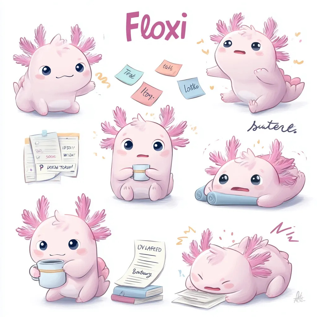 This illustration features six adorable cartoon axolotls, named Floxi, showcasing various emotions and activities.  They are depicted drinking tea, studying, feeling stressed, and relaxing.  Surrounding them are notes and papers, suggesting a busy or studious lifestyle. The axolotls are pink and fluffy, with expressive eyes. The overall style is cute and whimsical.