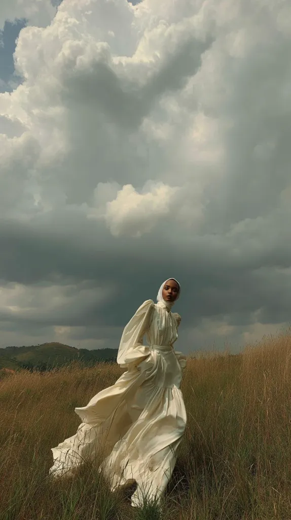 A woman in a flowing, off-white gown stands in a tall grass field under a dramatic, cloudy sky.  The dress has large, billowing sleeves and a gathered skirt. The model wears a headscarf, her gaze directed slightly away from the camera.  The overall mood is serene yet powerful, emphasizing the contrast between the woman and the vast, moody landscape.